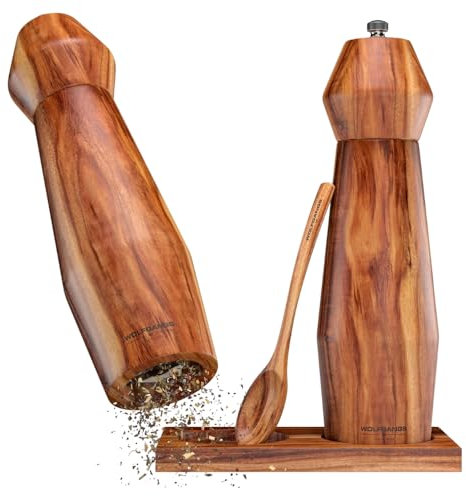 Wolfgangs Salz und Pfeffermühle aus Holz - Edles Gewürzmühlen Set mit Keramikmahlwerk für jede Mahlgröße - Pfeffer und Salzmühle Holz - Pfeffer Mühle mit Extra Untersetzer + Löffel