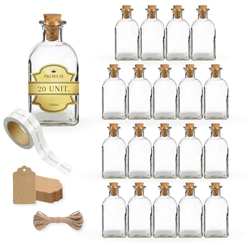Espirito Rebelde - 20 botellas cuadradas de cristal, 100 ml con tapón de corcho + 20 etiquetas autoadhesivas + 20 etiquetas Kraft + cuerda – Licor, whiskey, ron, vino – muestras y recuerdos
