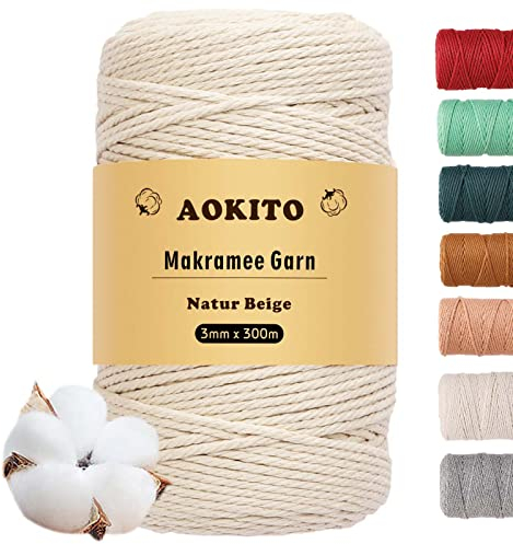 YESLUSY Makramee Garn, 3mm x 300m Premium Baumwolle Makramee Garn für DIY Handwerk, Hängepflanze, Boho Deko, Blumenampel, Pflanzenbügel (Beige)