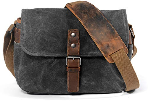 FUNSEED Vaxad kanvaskameraväska för kvinnor män med vattentät design, kompakt crossbody-fodral för DSLR/SLR/spegelfria kameror (grå)