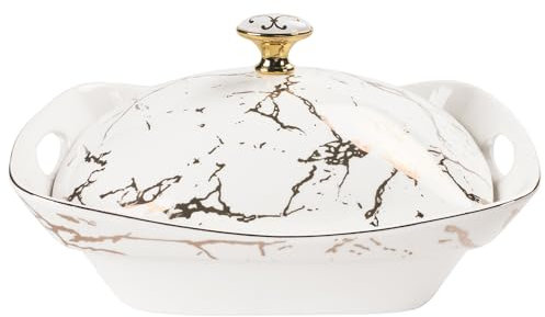 jinsongdafa 11.5 x 7 Ceramic Casserole Dish with Lid, 1.9 Quart Serving Soup Tureen,Chafing Dish for Buffet, Family Food Tray, Catering Casserole for Party, Oven, microwave and dishwasher safe,Large size