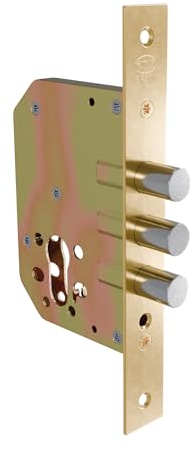 Amig - Cerradura Auxiliar de Embutir para puertas de madera - Desplazamiento 20 mm y Entrada: 50 mm. - Sin Picaporte - Acero - Latonado - Incluye Tornillería