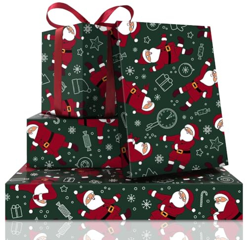 4 fogli di carta da regalo natalizia con Babbo Natale danzante, rosso e verde, per uomini, donne, bambini, ragazzi, ragazze, nonno, carta decorativa natalizia per Natale, feste di compleanno