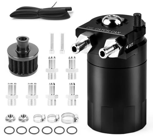 comeder Oil Catch Can, 300 ml Aluminum Oil Catch Breather Can Auto, Universal Aluminum Reservoir Tank with Filter, Joints, PVC Hose, Cable Ties, Screws, Nuts, O-rings (Black)