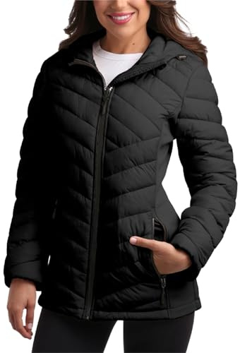 Reebok Womens Puffer Jacket - Midweight Quilted Snow Glacier Shield Full Zip Winter Coat for Women with Hood & Zip Pockets, Size Small, Jet Black