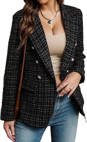 Suncadmious Blazer in Tweed da Donna a Maniche Lunghe Con Risvolto Doppiopetto Elegante da Ufficio Business Casual (Nero 1, L)
