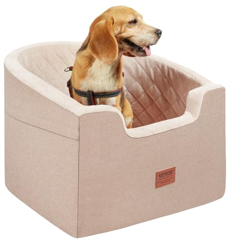 VEVOR Seggiolino Auto per Cani di Piccola Taglia Media 25 kg, Rialzo per Cani Impermeabile, Tasca Portaoggetti, Guinzaglio di Sicurezza con Clip, Imbottitura in Spugna, Cuccia per Cani, Marrone