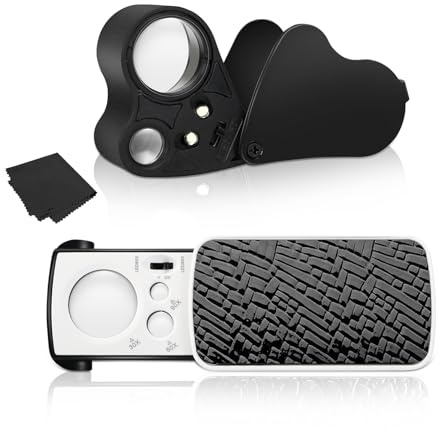 Juwelier Lupe mit Licht, 2 Stücke 30X 60X 90X LED Lupe,Vergrößerungslinse für Schmuck,Edelsteine, Münzen, Briefmarken,Rocks, mit Brillenputztuch, Faltlupe (Schwarz)