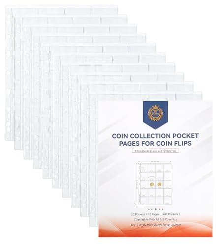 Boen Coin Binder Sheets, 10 Sheets 200 Pockets, Fit 2 x 2 Cardboard Holders & Coin Flips, Compatible with 3-Ring (Letter Size) & 4-Ring (A4) Coin Collection Binders, Coin Collecting Supplies
