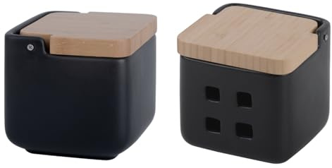 KOOK TIME Set di accessori da cucina - saliera e porta aglio in ceramica e bambù - 2 pezzi, 11,5x11,5x11,5 cm