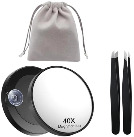 BFSYRR Magnifying Mirror, 40X Magnifying Mirror with Suction Cup, Compact & Portable Travel Mirrors with Travel Bag and Tweezers for Precise Application