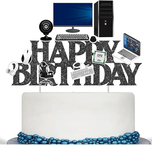 Computer Birthday Party Cake Topper Black Happy Birthday Cake Topper Decoration for Intelligence Computer Theme Birthday Party Baby Shower Supplies