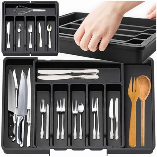 ZOLTA Besteckkasten für Schubladen,verstellbarer Besteckhalter Utensilienhalter für Küchenschubladen, Schubladeneinsatz Besteckeinsatz für Küche Organizer aus Kunststoff für Löffel & Gabeln - Schwarz