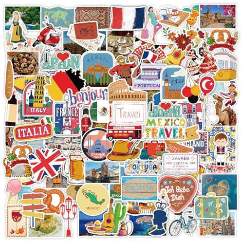 100 Travel Stickers, Vinyl Waterproof Stickers Pack for Scrapbook Journal Laptop Suitcase Luggage Photo Album Phone Case