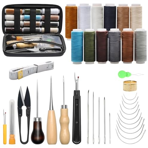 Kit de couture pour cuir - 48 pièces - Kit de réparation de rembourrage - Haute performance - Avec aiguilles à coudre, poinçon, découseur, fil à coudre pour réparation, alène, couture à la main