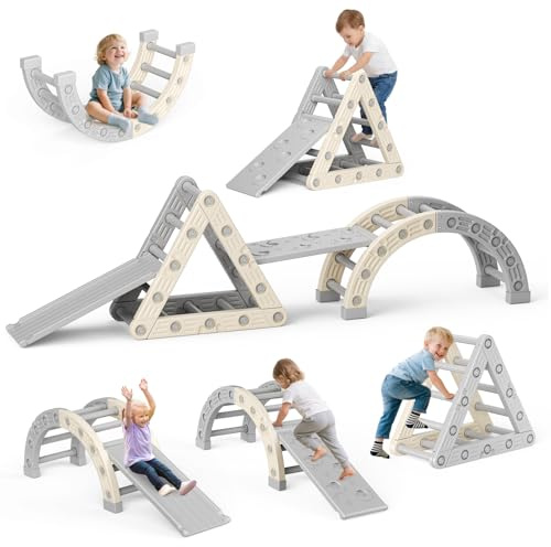 Brolteja Toddler Échelle d'escalade en plastique pour enfants Montessori Outdoor Kit d'escalade d'intérieur (trépied et arc, échelle et toboggan gris beige)
