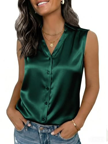 Funlingo Silk Blouses for Women Sleeveless Satin Business Casual Tops Sexy V Neck Work Shirts 2026 Summer Fashion Going Out Clothes Dark Green 3XL