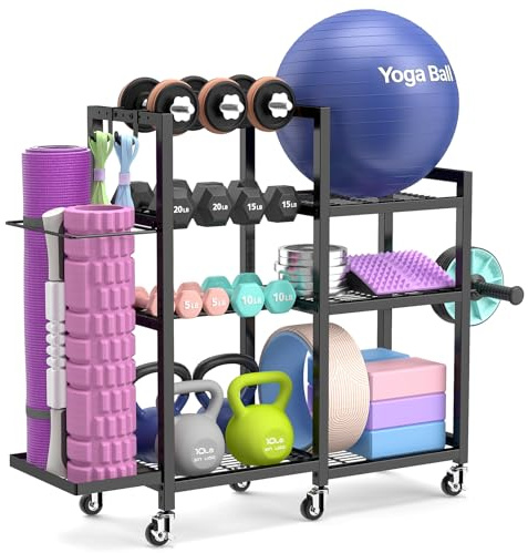 ikkle Home Gym Storage Rack with Wheels, 7-Tier Adjustable Dumbbell Weight Rack, Heavy Duty Weight Storage Stand, Gym Equipment Organizer for Dumbbells, Kettlebells, Yoga Mat, Workout Equipment, Black