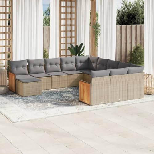 Frdhee Muebles de jardín grupo de bancos de esquina, 12 piezas, juego de sofá de jardín con cojín beige de poliratán, sofá de jardín para patios traseros, zona de piscina, terraza