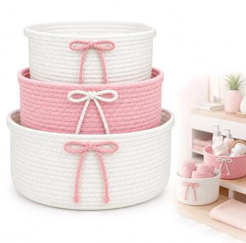 Juego de 3 cestas trenzadas de color rosa, cesta de almacenamiento con asa, cesta de coquette rosa, 3 tamaños, cestas de regalo trenzadas para decoración, organización, cesta de almacenamiento, baño