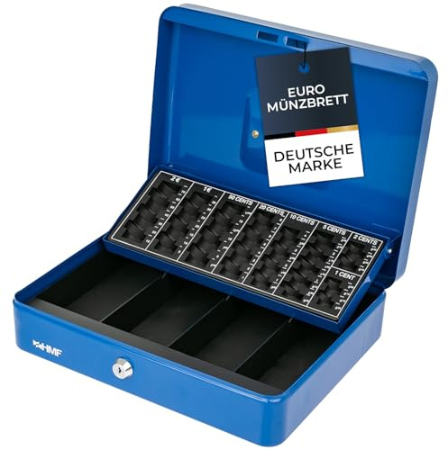 HMF Geldkassette abschließbar, Kasse mit Euro Münzzählbrett, 4 Banknotenfächer | 30,5 x 24 x 9 cm | Blau