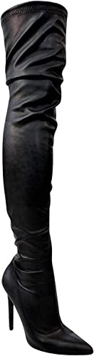 Liliana Gisele-50 BLACK Leather Stretchy Thigh High Pointy Stiletto Heel Boot (9)