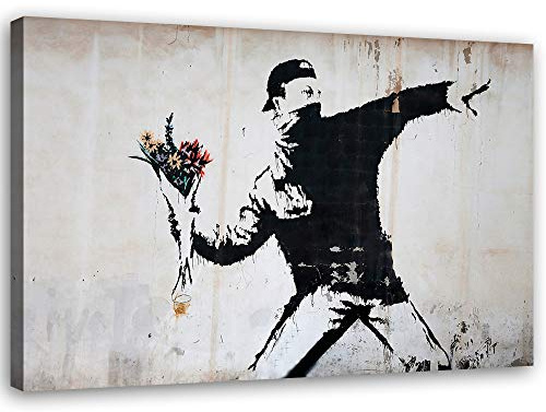 Feeby Cuadros en Lienzo Banksy Mural Grafiti Arte callejero 90x60 cm Arte Moderno Lanzador de flores Caja de flores Negro
