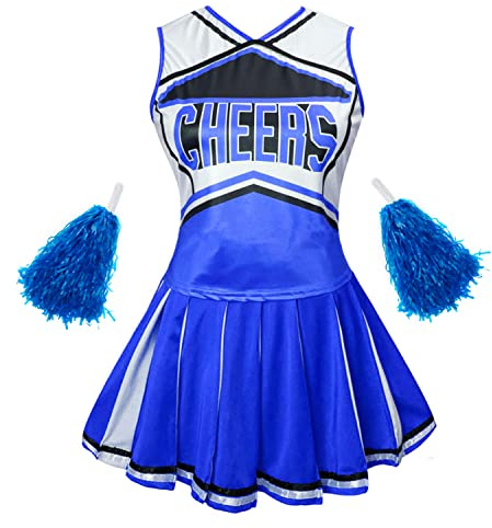 Colorful House Womens Cheerleader Costume Uniform Fancy Dress+Pom Poms (Size S, Blue)