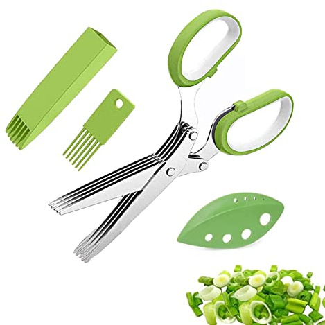 Tijeras de Cocina a Base de Hierbas de Acero Inoxidable, Herb Scissors con 5 Capas de Cuchillas de Acero Inoxidable, con Cubierta y Peine de Limpieza, Apto Para Cocina(Verde)