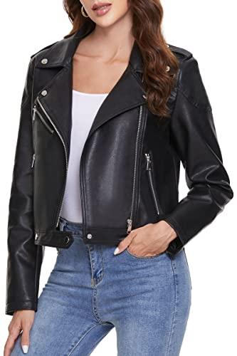 Fahsyee Women's Faux Leather Jackets, Zip Up Motorcycle Short PU Moto Biker Outwear Fitted Slim Coat Black Size XXL