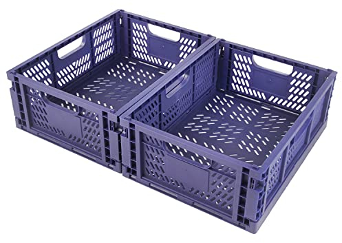 Spesh 2 Pcs Collapsible Storage Boxes Stackable Storage Baskets Folding Plastic Crates Foldable Crate Bins with Handles for Desk,Shelf,Cupboard(Blue, 40*30*15cm)