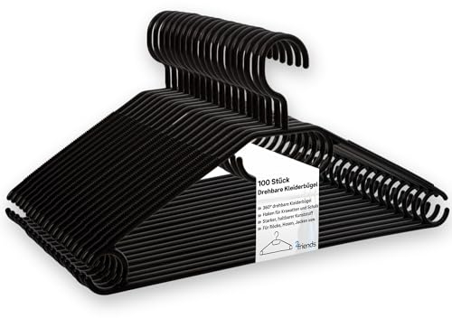 100 Stück Kleiderbügel Schwarz - Platzsparend & Robust mit 360° Drehbaren Haken, Multifunktionale Premium Kunststoffbügel, rutschfest, 100% Recyclingmaterial, Hergestellt in EU