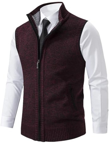 Disimlarl Suéter de Punto Sin Mangas para Hombre de Lana Cárdigan con Cremallera Pulóvers Cuello Alto Chaleco de Punto, XL