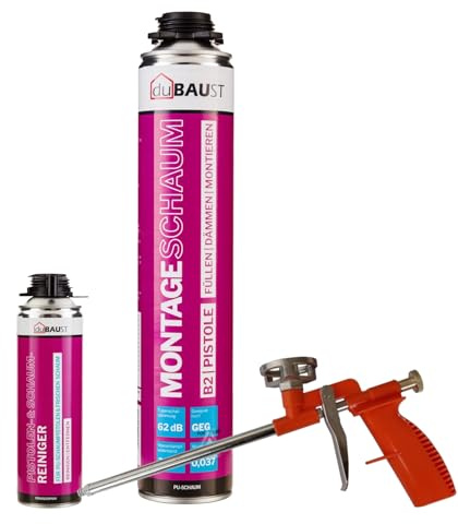 dubaust MSP24 Bauschaum Montageschaum Pistolenschaum 750ml Kombisets PU Dämmschaum hohe Schalldämmung Wärmedämmung Isolierend B2 (mit Reiniger PRS24 500ml + Schaumpistole Compact, 1x 750ml)
