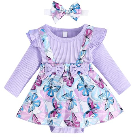 Kunyeah Ensemble de vêtements pour bébé fille Body à côtes pour bébé Robe chasuble à manches longues imprimée papillon Jupe pour nouveau-né avec bandeau (Pourpre, 3-6 Mois)