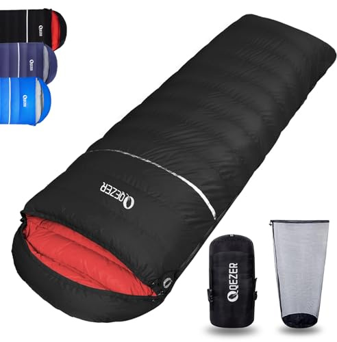 QEZER Down Sleeping Bag,Lightweight Rectangular Winter Sleeping Bag [1180g/1860g] for Adults and Kids 4 Season Camping, Hiking,Warehouse and Moutaineering Outdoor (Black, 1500g down)