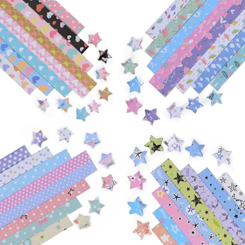 URROMA 2080 st färgglada Origami Star pappersremsor 4 olika stilar tryck lyckostjärna pappersremsor för gör-det-själv hantverk skolundervisning