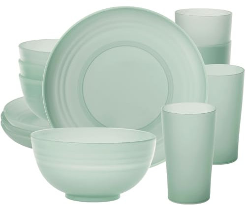 Greentainer Set di stoviglie in plastica infrangibile, leggero, 4 piatti da pranzo, 4 ciotole, 4 tazze, adatto al microonde e alla lavastoviglie, stoviglie da campeggio per bambini e adulti, servizio