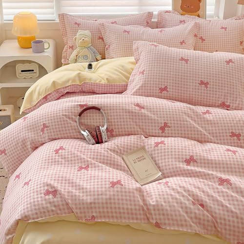 Covebett Housse de Couette 220x240 à Carreaux Rose Nœud Papillon Jaune Romantique Parure de Lit Adulte 2 Personnes Microfibre Linge de lit avec Fermeture Éclair et 2 Taies d'oreiller 65x65cm