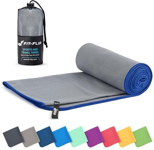Fit-Flip Asciugamano microfibra - compatto e ultraleggero - asciugamani palestra - il perfetto telo mare grande - ottimale per viaggio, sport e piscina (100x200cm Grigio - Blu Scuro)