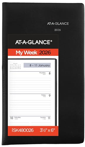 AT-A-GLANCE 2026 Planner, Weekly, 3-1/2 x 6, Pocket Size, Open Scheduling, DayMinder, Black (SK480026)
