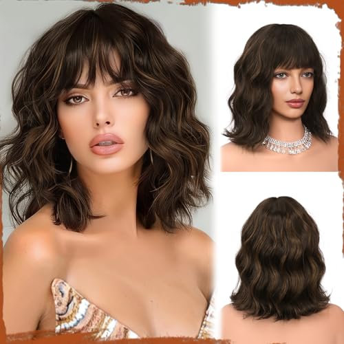 Sofeiyan Perruque Courte Ondulée 30 cm avec Frange, Cheveux Synthétiques Surbrillance Marron pour Femme Résistante à la Chaleur Naturel Bouclée pour Usage Quotidien et Cosplay