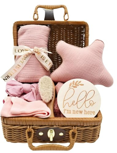 YTACREA 7-delar nyfödd present, babypresent pojke flicka, 7 i 1 babypresent med täcke, babyhuvudbonad, babyborste, strumpor, milstolpekort, souvenirbox, rosa