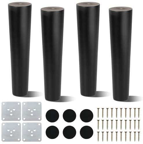 AWBEOT 4 Piezas Patas para Muebles Madera 20 cm Conicas Patas de Madera para Muebles de Mesa Pâtas de Repuesto para Sofá Cama Armario Silla con Placa de Montaje, Almohadilla Antideslizante, Tornillo