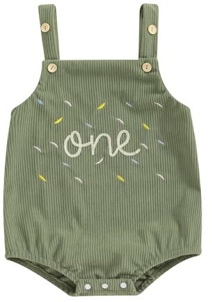 Geagodelia Infant Baby Girl Boy 1st Birthday Romper Sleeveless Letter Embroidery Jumpsuit Square Neck Baptism Button-up Corduroy Bodysuit Newborn Baby First Birthday Outfits (Green, 6-12 Months)