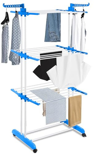 ASAB Foldable Clothes Airer Retractable Clothes Drying Rack Laundry Dryer Ample Drying Space Rust Resistant Stainless Steel Space Saving Indoor Outdoor Air Dryer (4 TIER FOLDABLE CLOTHES AIRER BLUE)