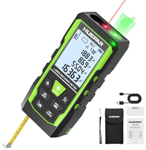 Laser Measure Device 3-in-1, Huepar 330ft Laser Measurement Tool & 33ft Cross Laser Level & 6.5ft Tape Measure, Rechargeable, Voice Broadcast, Multi-Mode, Rugged for Construction & Home Use, SW-T100