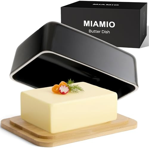 MIAMIO - Dish for Butter with Lid for Countertop (620 ml) Ceramic Butter Dish / Butter Holder and Container with Bamboo Lid, Butter Dish for Refrigerator (Black)