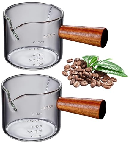 Espresso Shot Glass, 2Pcs Double Spout Glass Measuring Cup, 75ML Borosilicate Glasses Espresso Jug with Wooden Handle, Precise Scales for Latte Art, Cocktail Making
