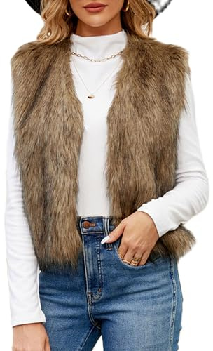 Women Y2K Faux Fur Waistcoat Winter Fuzzy Sleeveless Open Front Outwear Gilet Casual Short Vest Jacket Coat (Yellow, S)